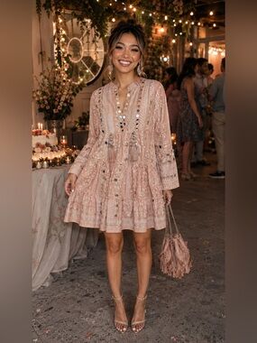 NWOT Blush Pink Mirror Embroidered Bohemian Tunic Dress